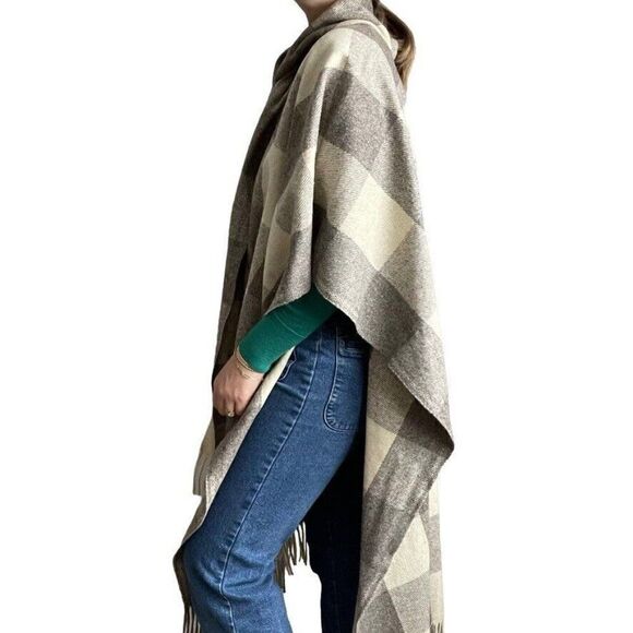 Vintage Unisex 1970s Checkered Cream Gray 100% Wool Hippie Western Poncho One Sz - Picture 4 of 10